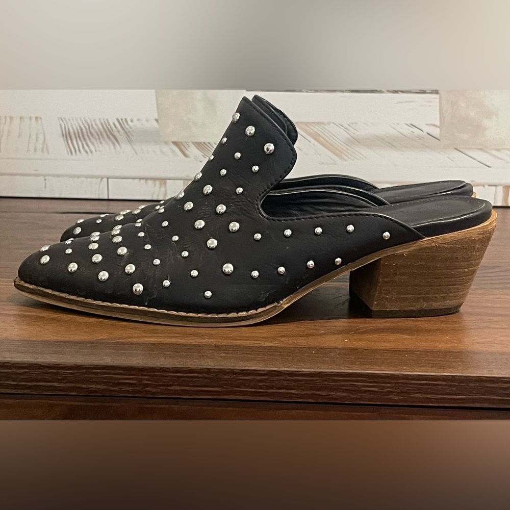 Studded Black Mules with Wooden Heel